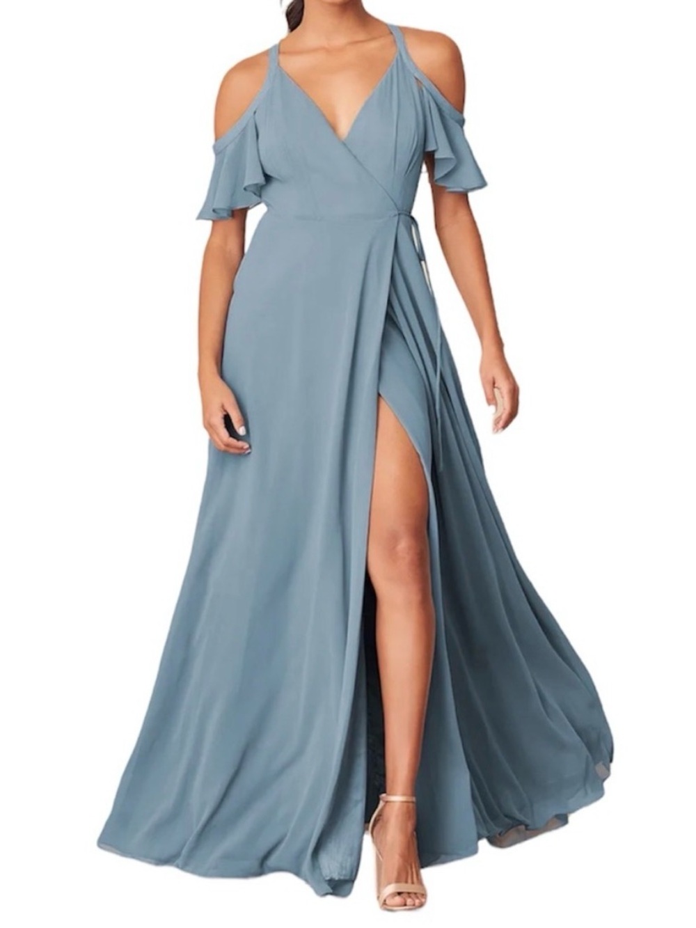 Lulu's Dusty Blue Cold-Shoulder V-Neck Prom Gown